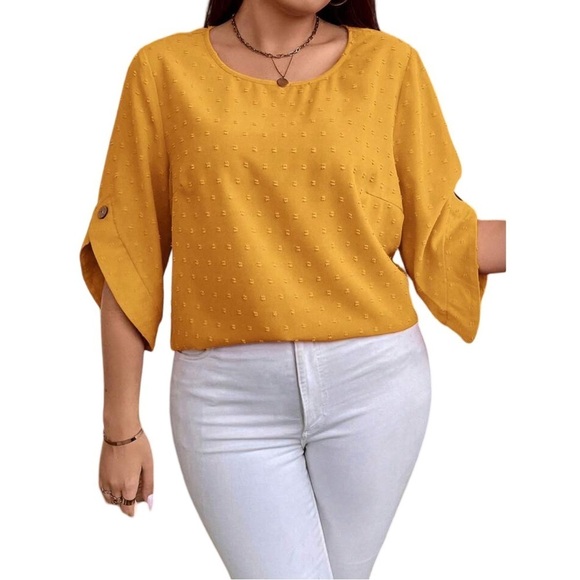 Women’s Plus Size Mustard Yellow Swiss Dot Flare Short Sleeve Blouse Top - Picture 12 of 14